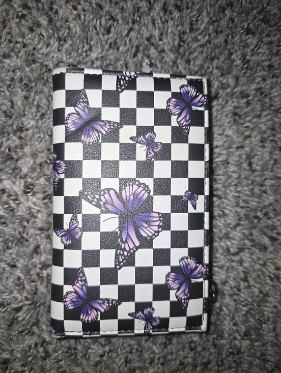 Handbags - Checkerboard Wallet with Purple Butterfly Print